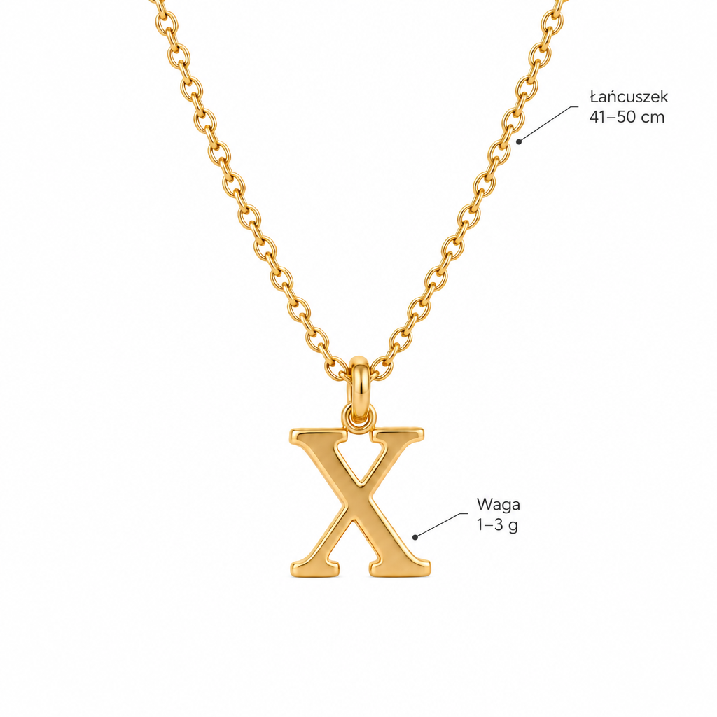 Specyfikacja złotego naszyjnika z literą X: łańcuszek 41–50 cm, waga 1–3 g
