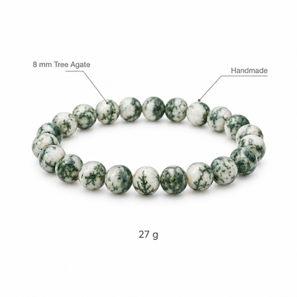 Bransoletka z agatu drzewnego, specyfikacja na bialym tle, 8 mm Tree Agate, Handmade, 27 g