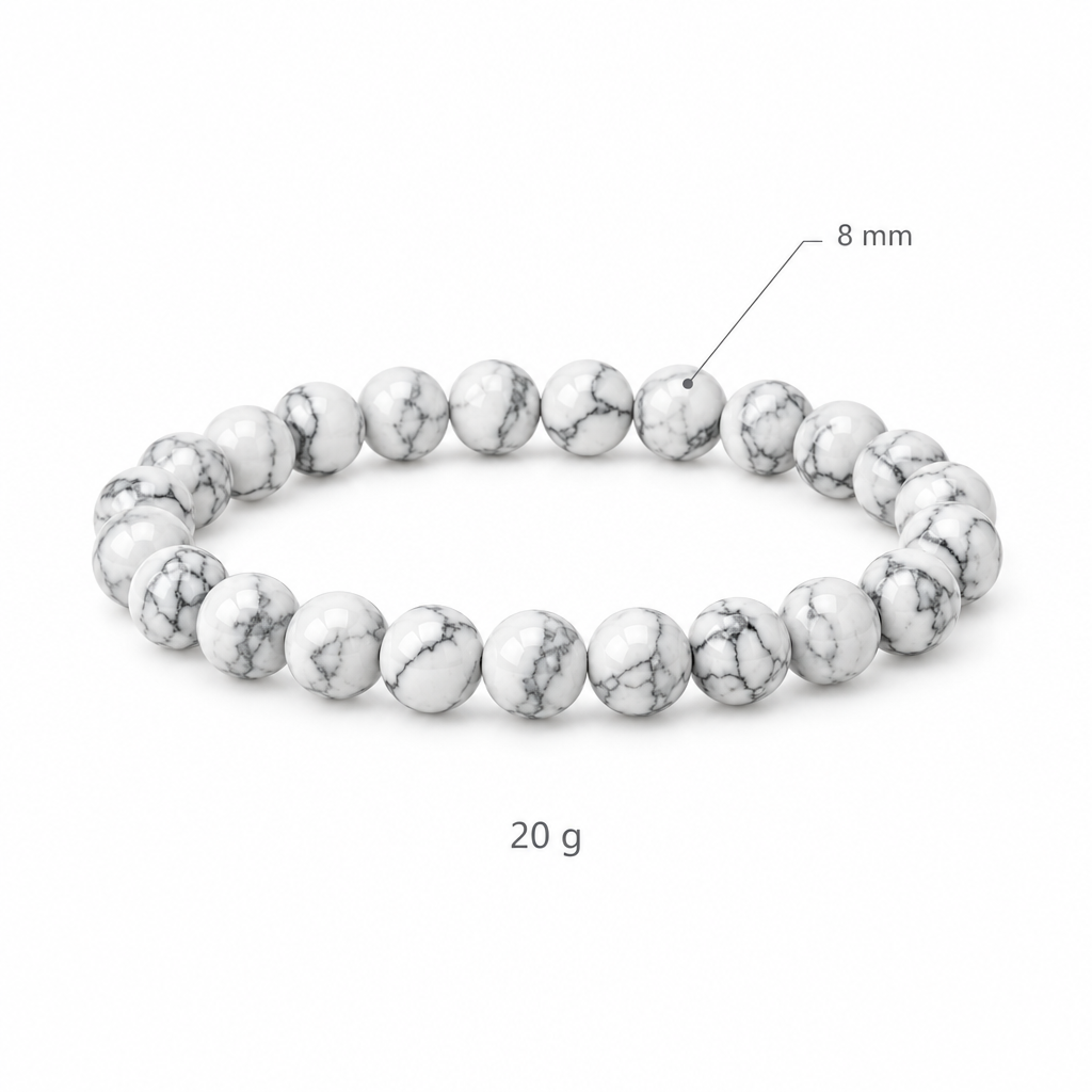 Bransoletka z bidego howlitu bez przetylki, specyfikacja na bialym tle, 8 mm, 20 g