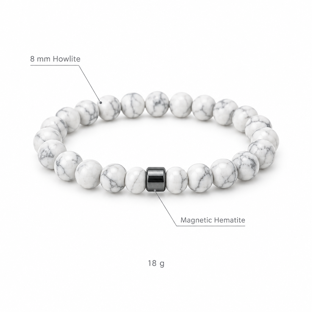 Bransoletka z bidego howlitu, specyfikacja na bialym tle, 8 mm Howlite, Magnetic Hematite, 18 g