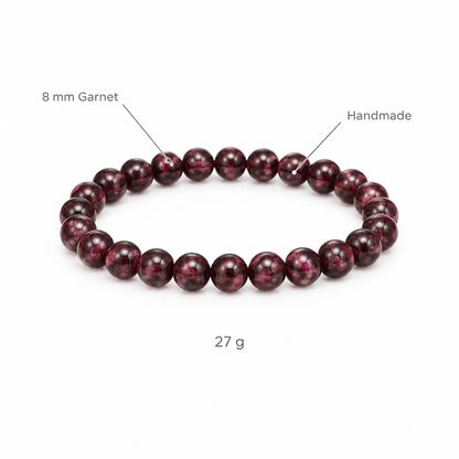 Bransoletka z granatu, specyfikacja na bialym tle, 8 mm Garnet, Handmade, 27 g