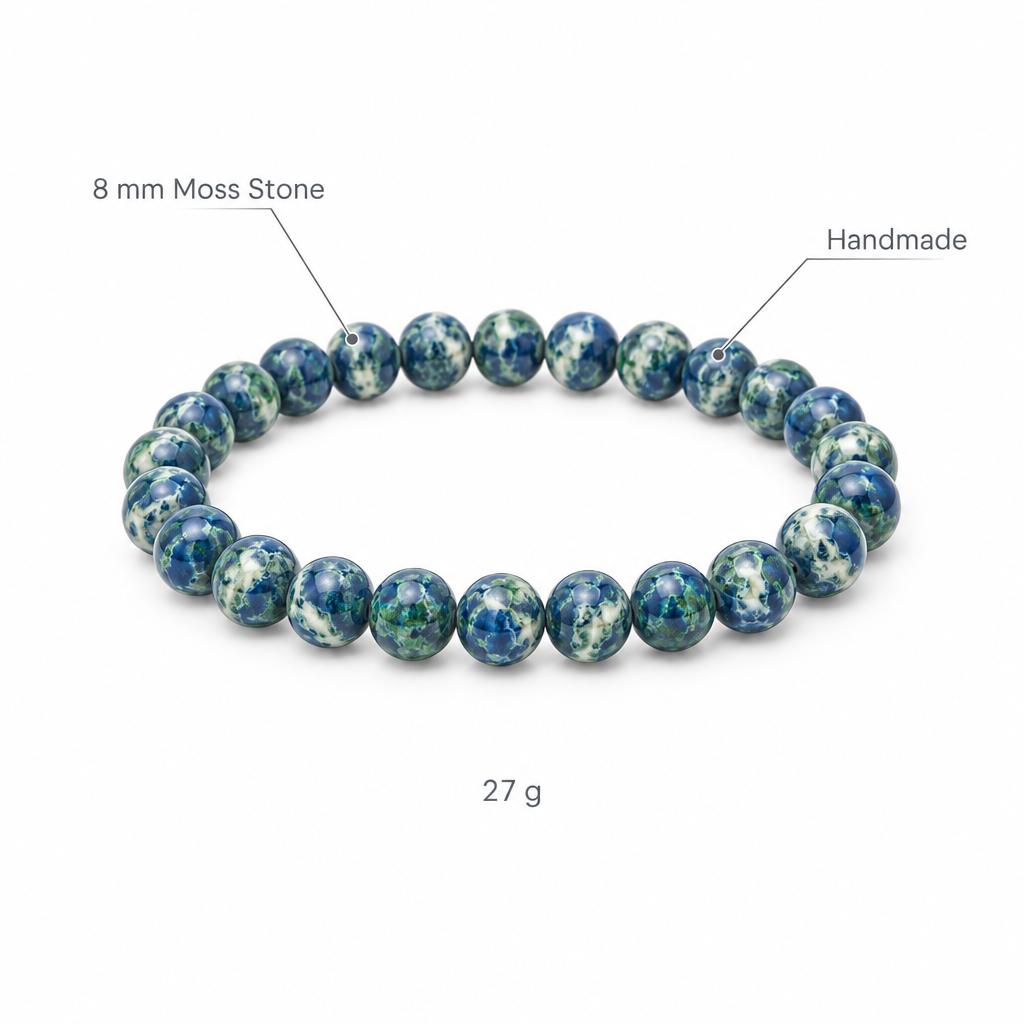 Bransoletka z kamienia mechowego, specyfikacja na bialym tle, 8 mm Moss Stone, Handmade, 27 g