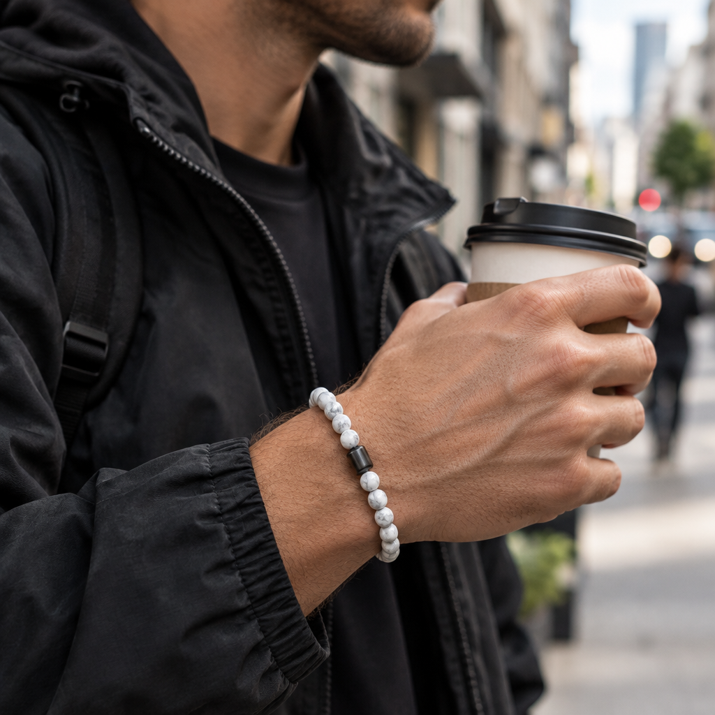 Bransoletka z koralikow howlitu z hematytem unisex - zdjecie lifestyle na ulicy