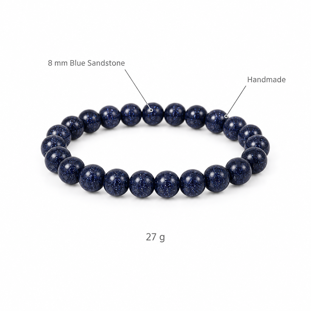 Bransoletka z niebieskiego piaskowca, specyfikacja na bialym tle, 8 mm Blue Sandstone, Handmade, 27 g