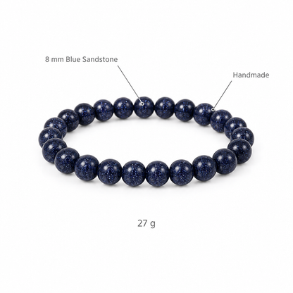 Bransoletka z niebieskiego piaskowca, specyfikacja na bialym tle, 8 mm Blue Sandstone, Handmade, 27 g