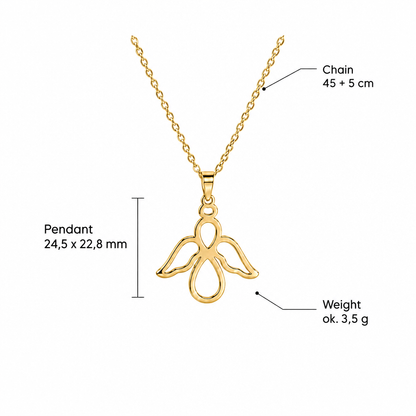 Specyfikacja złotego naszyjnika anioł-nieskończoność: wisiorek 24,5 x 22,8 mm, łańcuszek 45+5 cm, ok. 3,5 g – 3PAY2