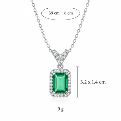 Wymiary srebrnego naszyjnika ze szmaragdową cyrkonią: długość 39 cm + 6 cm, kamień 3,2 x 1,4 cm, waga 9 g