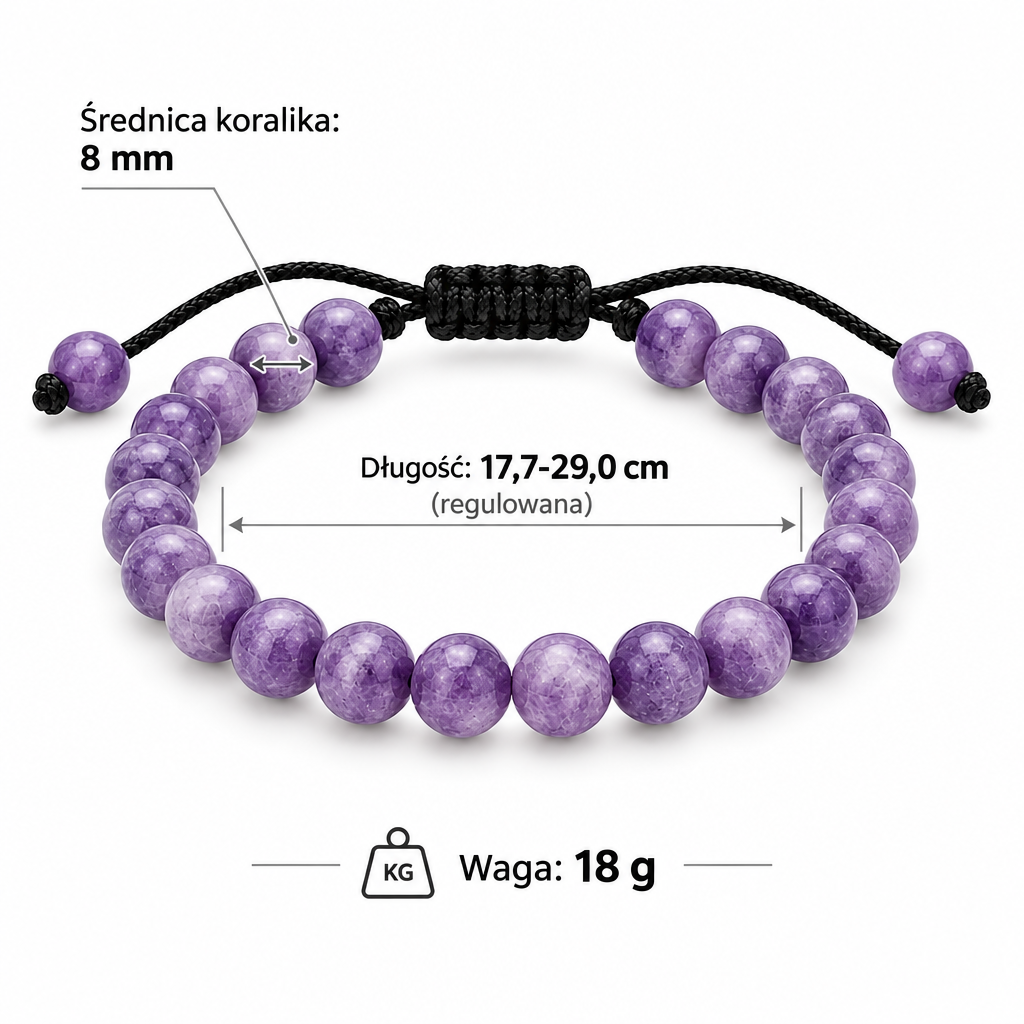 Specyfikacja bransoletki z ametystu: średnica koralika 8 mm, długość regulowana 17,7–29,0 cm, waga 18 g