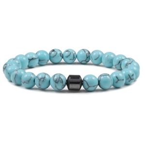 Turkusowa bransoletka elastyczna z koralikow kamienia naturalnego 8 mm z ciemnym koralikiem metalowym - zdjecie produktowe na bialym tle