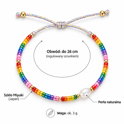 Specyfikacja bransoletki Miyuki: obwód do 26 cm regulowany sznurkiem, waga ok. 3 g, perła naturalna, szkło Miyuki