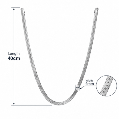 Specyfikacja srebrnego naszyjnika fiszbina z wymiarami: szerokość 4 mm, długość 40 cm