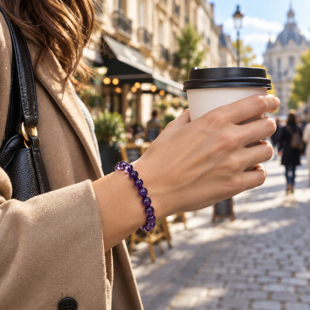 Lifestyle – ulica: kobieca dłoń z bransoletką z fioletowych koralików 8 mm trzymająca kubek kawy na tle miejskiej ulicy