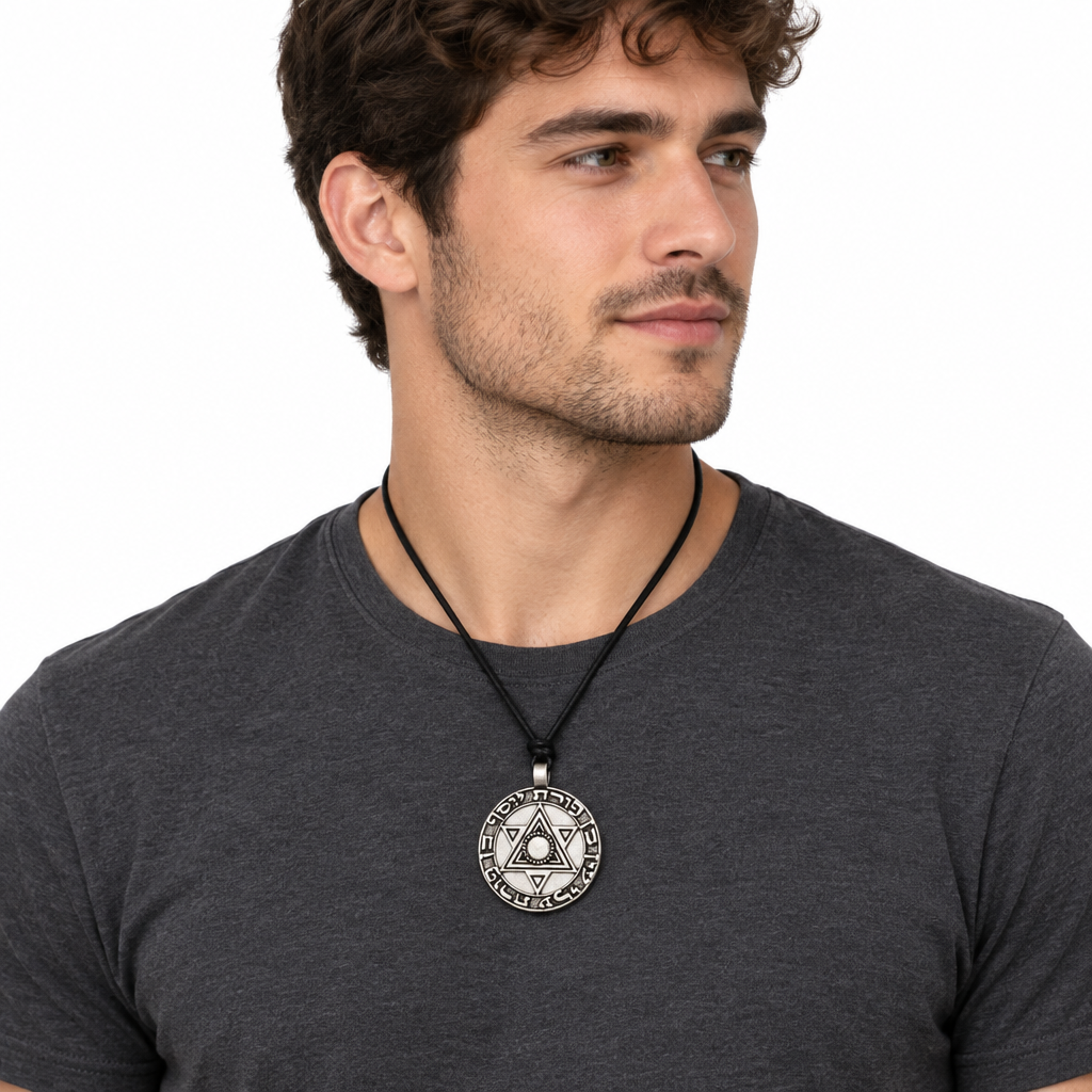 Naszyjnik z gwiazdą Dawida i hebrajskimi runami na modelu – prezentacja przy szyi na białym tle