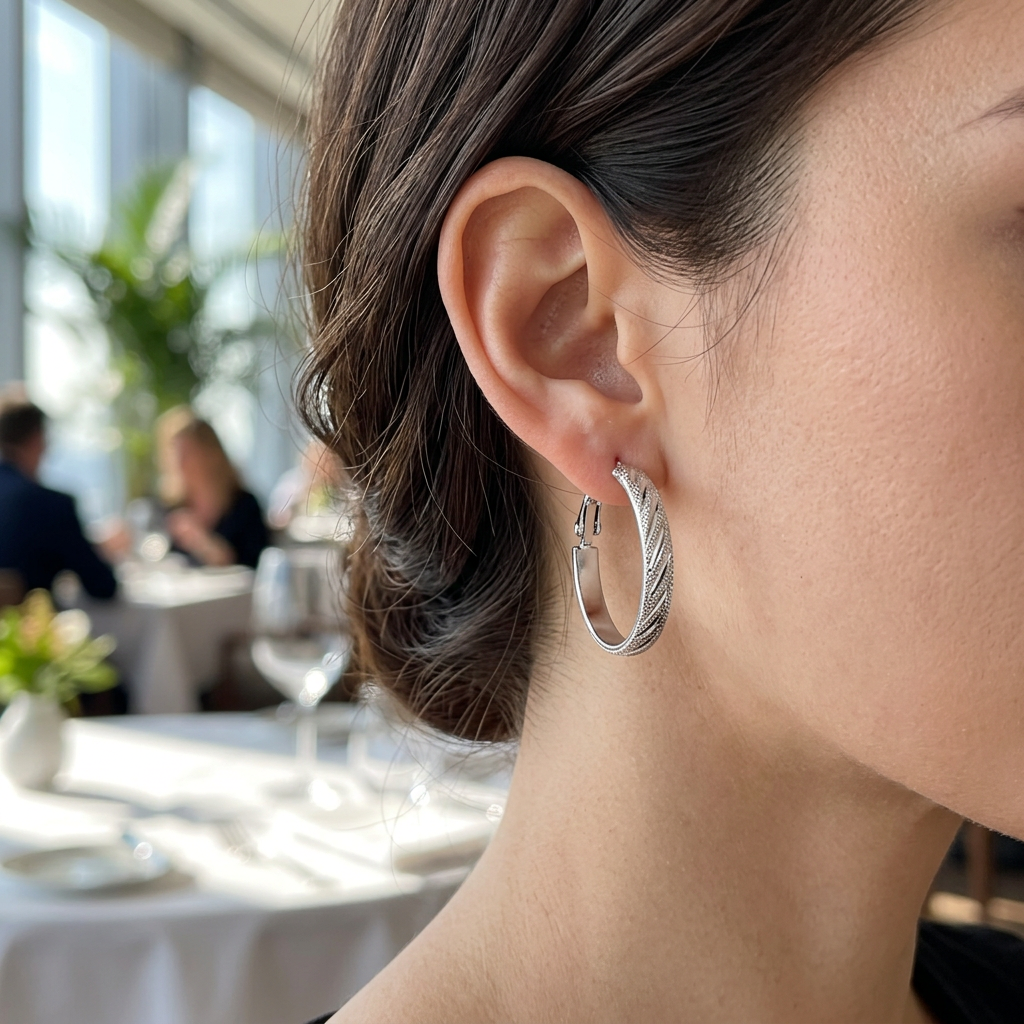 Srebrny fakturowany kolczyk kółko na modelce w restauracji