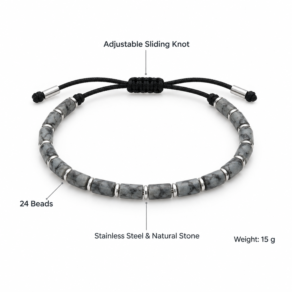 Szara bransoletka cylindryczna, specyfikacja po angielsku, 24 koraliki, 15 g